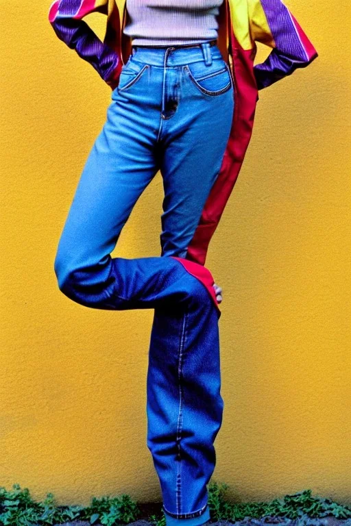 Photograph of a woman. Low waist jeans! bright blue jean,baggy, 1996!Huge plant prints on denim,terracotta,cream,purple,lilac. Cream colored latex parts. imperial yellow, red plum stripes, only on the top half of t-shirt. European daft punk woman. Mantle is sewed of recycled Denim and sewed together of recycled polymer felt. lace, Yellow(Munsell) areas. hint of orange as effect color!!Big bright purple/khaki felt tippet and cream or blue or lilac colored-hood. mantle is merged with cobalt bole