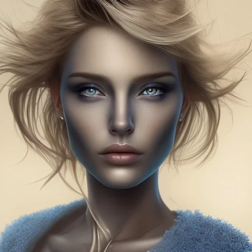 jolie visage de fée peau bleue ,longs cheveux blonds , yeux bleus, 8k, fond bleu,magician