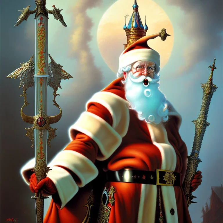 art by brom, santa with a broad sword, ice palace, sexy blonde fairy, russian orthodox