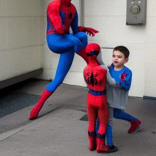 سبيدر مان يمسك طفل يرتدي بيجما فضية