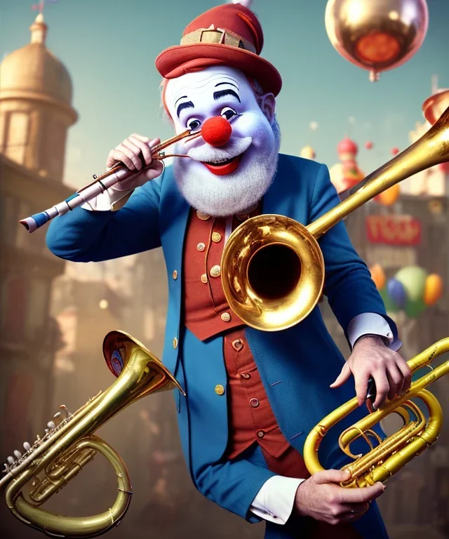 happy and funny old friendly clown with round head and trimmed beard playing jazz with a steampunk theme, trumpet on mouth, carnival, dreamy