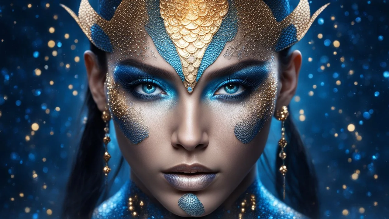 humanoid, double exposure, silver skin, fish scales, slender muscular warrior, tattoo, tentacles, gold, blue, copper-zinc orichalcum jewelry and piercing, beautiful face, mesmerizing starry eyes, smooth translucent skin, hourglass, glowing, glare, size DD.