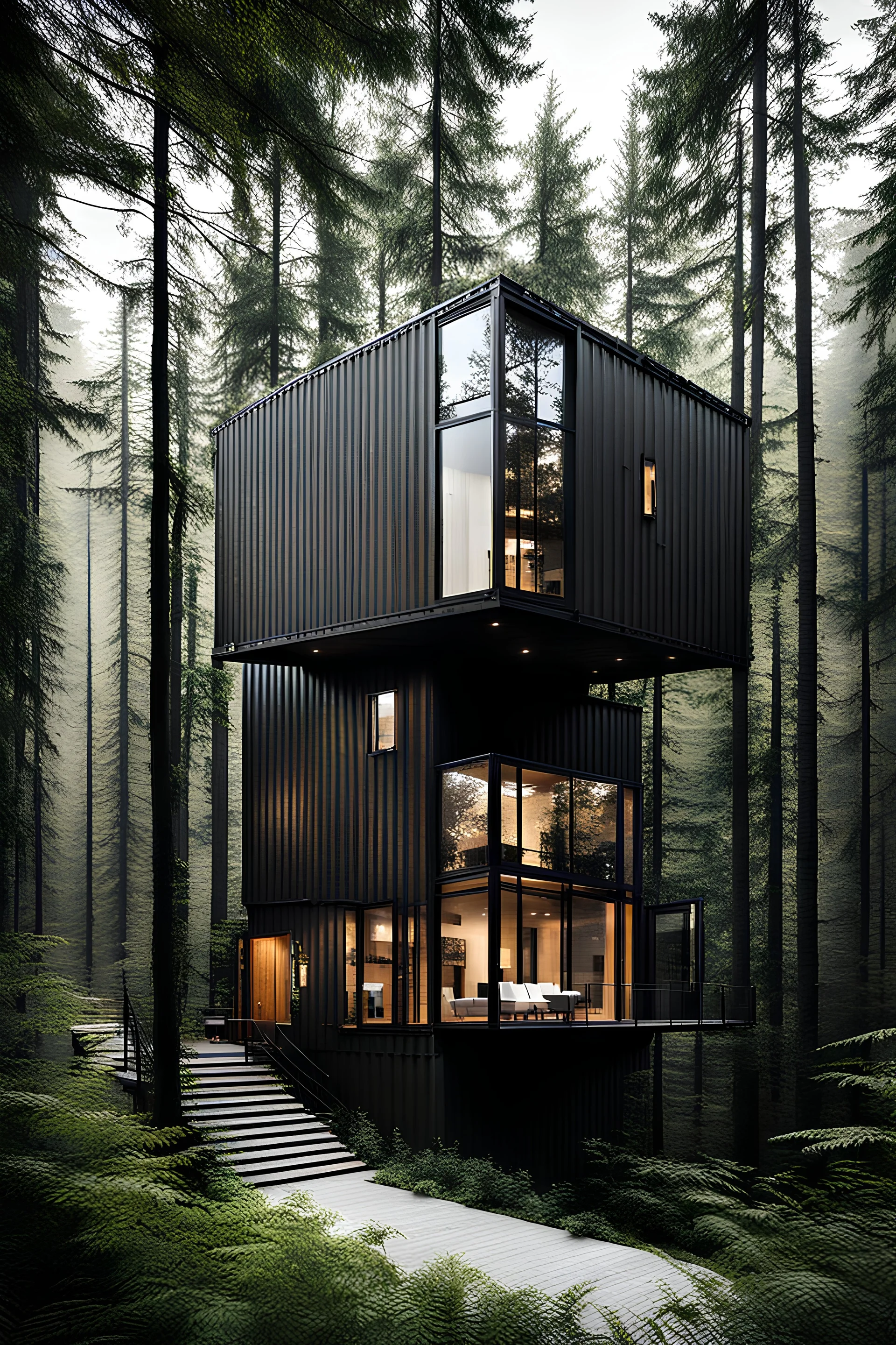 3-story container modern-style house in the woods. Photograph.