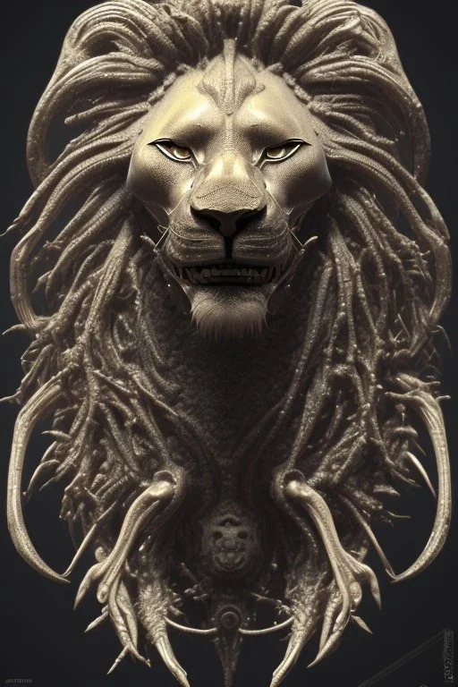  lion alien, head,8 eyes, evil, 8k, finely detailed, photo realistic, HR Giger style