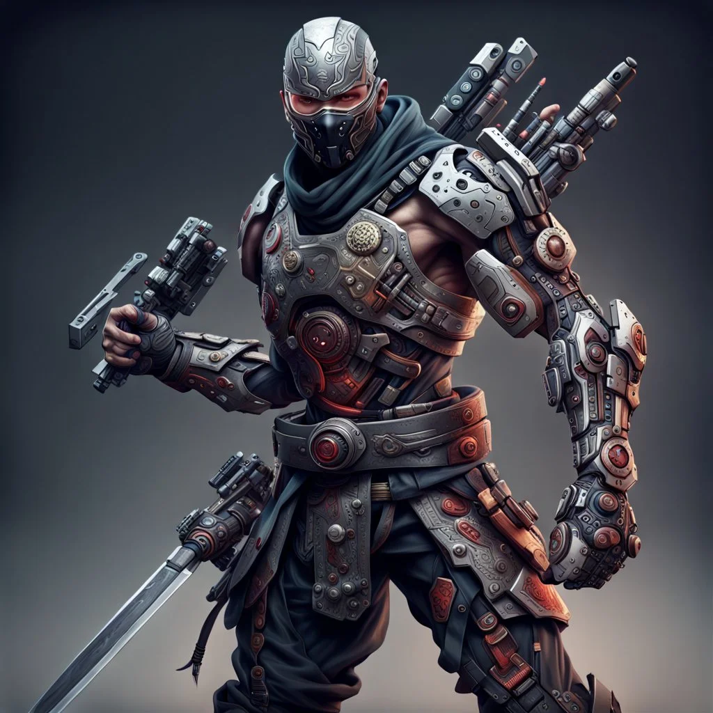 Fhoto full body, reality, Raw, god war, cyborg ninja, with weapon, digital art, intricate details, powerful composition, captivating, , trending on artstation, sharp focus, studio photo, intricate details, highly detailed, by addie_digi