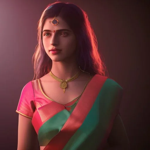 full body photo of a girl in saree in dark room with neon light ,hyperrealistic,detailed,8k,cinematic