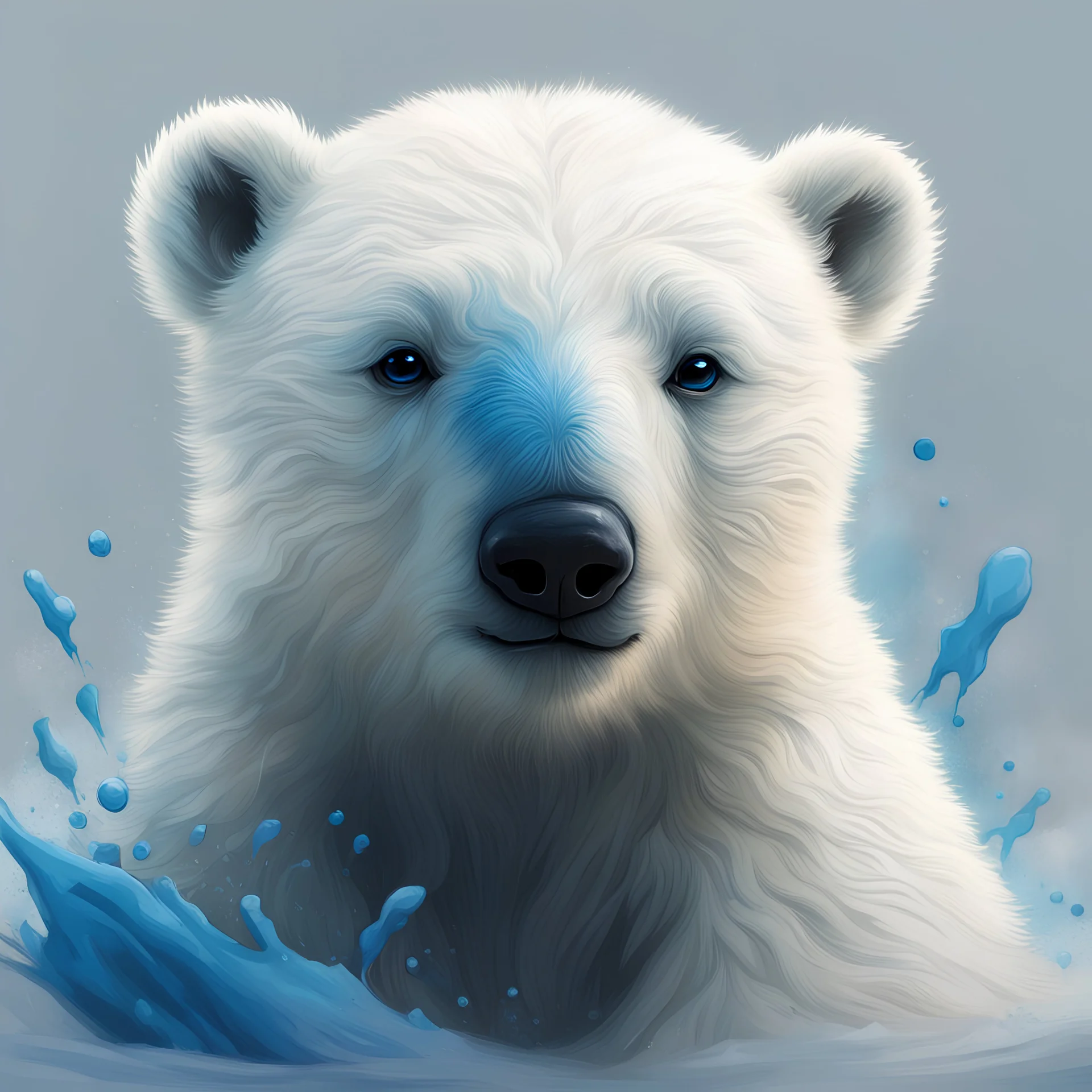 polar bear cub with a blue head and blue snot in Annick Bouvattier art style