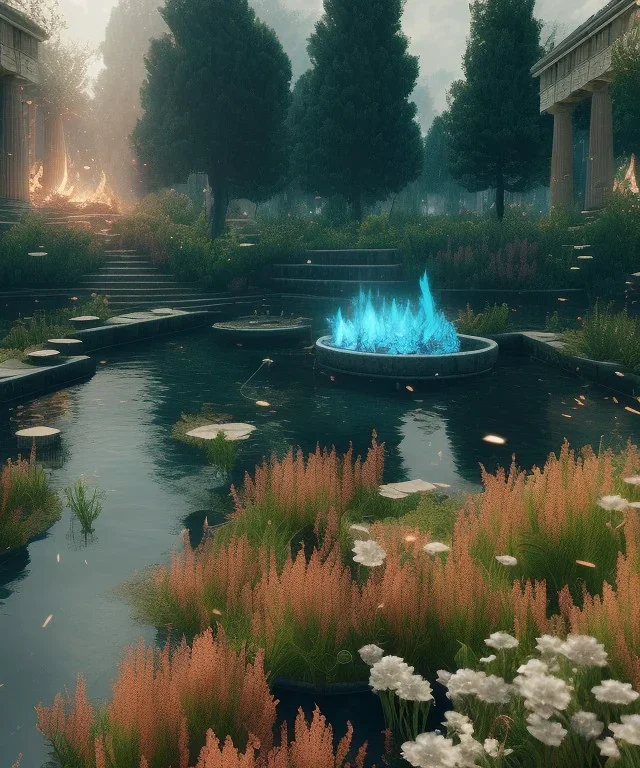 ancient greece, soft, floral, vibrant, led, water, bonfire, cool cinematic lighting, octane render, ambiance,