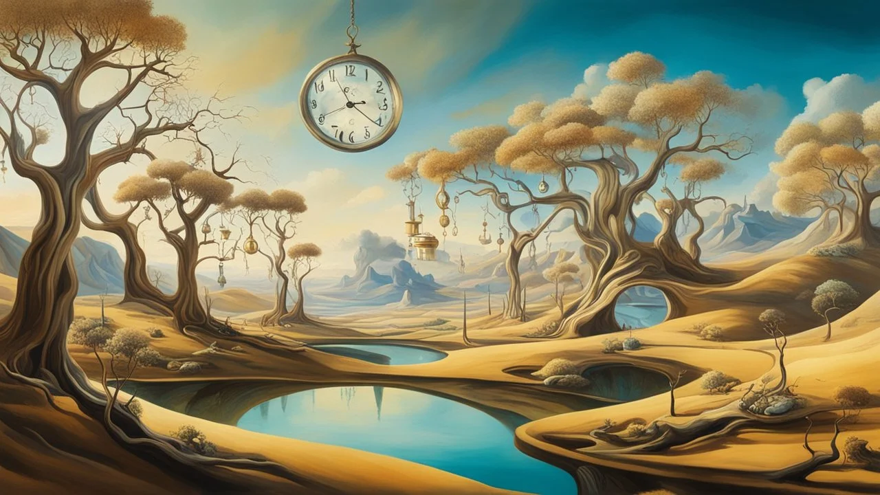 A dreamlike landscape painted in the style of Salvador Dalí, with melting clocks hanging from surreal, twisted trees