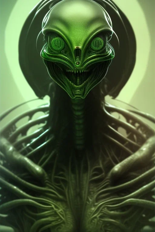 alien, head, dark, evil,green eyes weapons, blood, 8k, finely detailed, photo realistic, HR Giger style