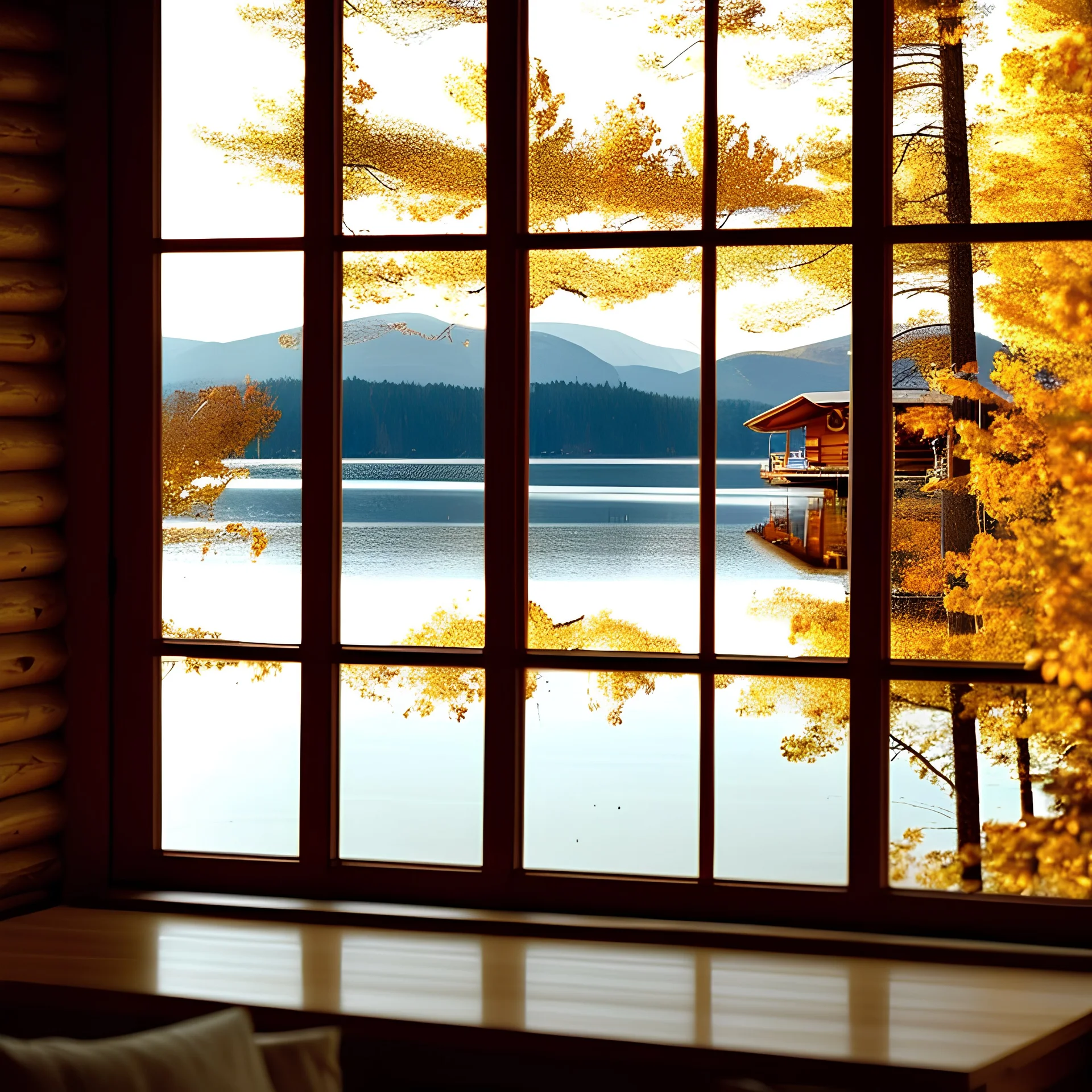 looking out window, modern, autumn, golden hour, forest cabin, lake, reflections, peaceful