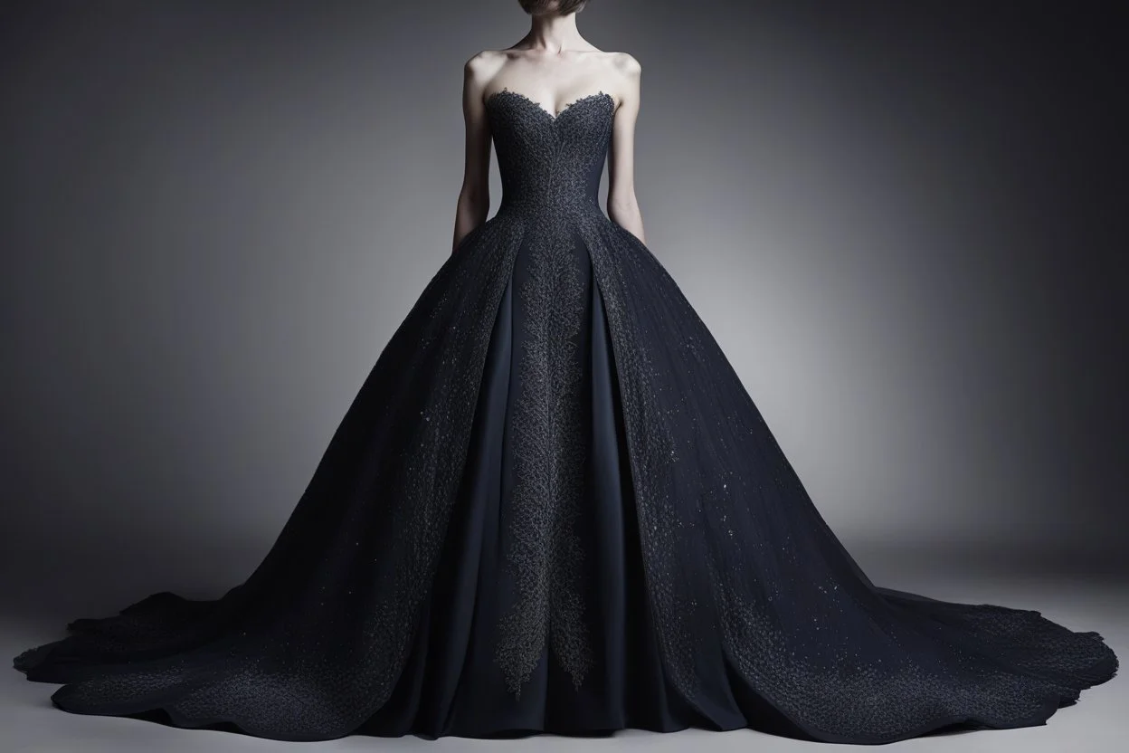 свадебное платье, Тёмная ткань, цвета ночного неба, была расшита призрачными серебряными нитями, мерцавшими, как звёзды