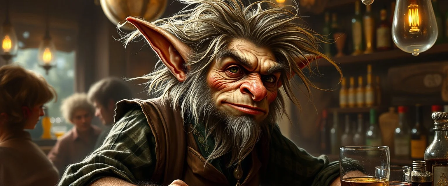 hårete gremlin elf bartender med vind i håret på fest malt av Rembrandt