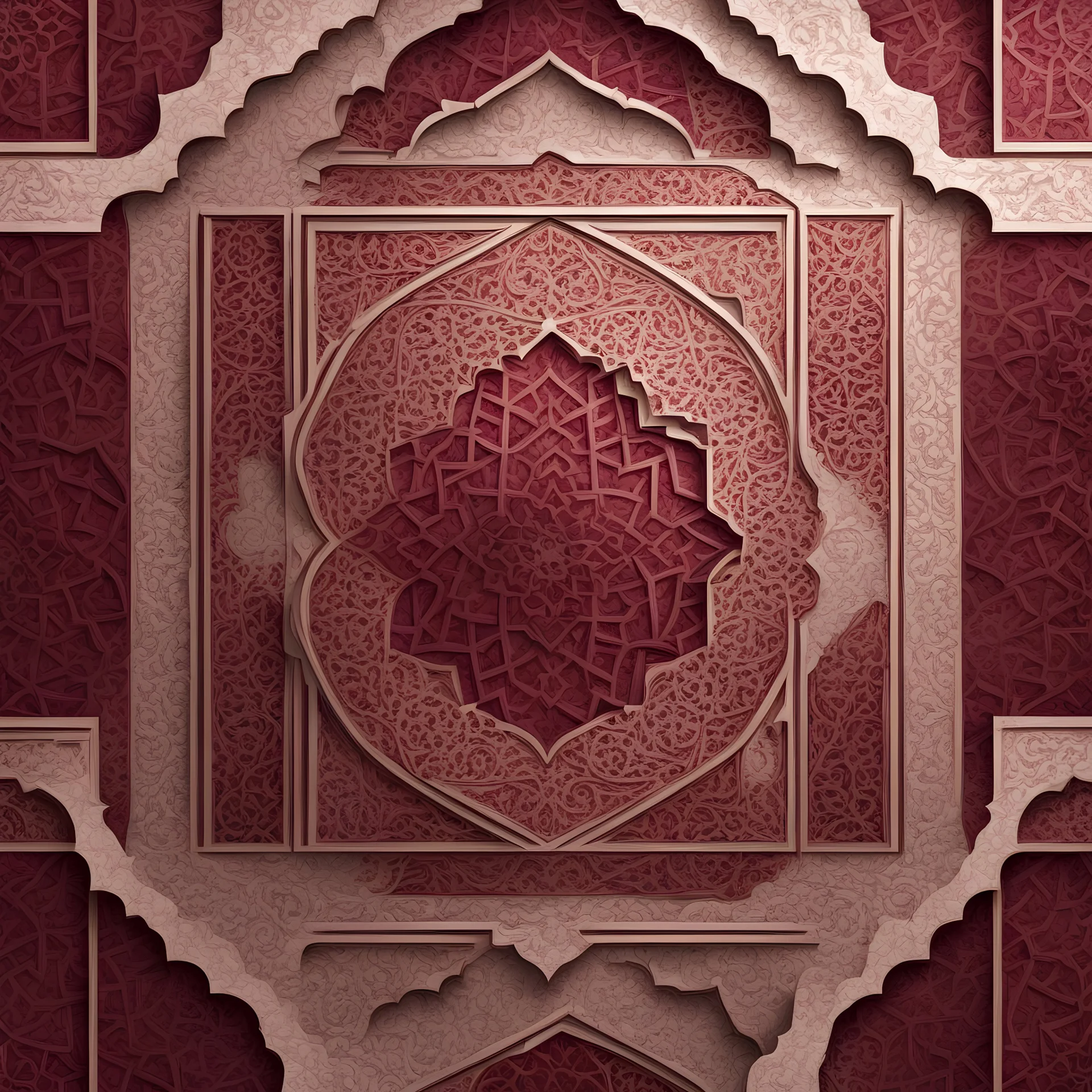 Hyper Realistic Islamic Architecture Pattern with maroon marble texture & vignette effect