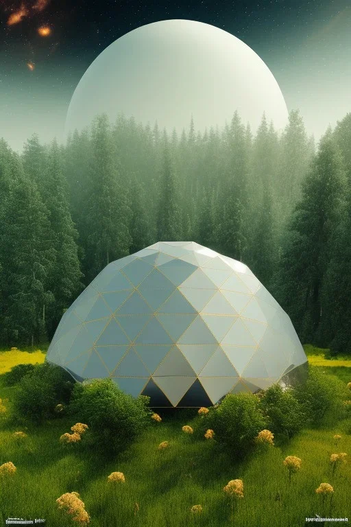 geodesic Dome a facettes transparant ultra réaliste, brouillard, prairie,riviere animé, soleil, ciel étoilé cgi, rendi houdini