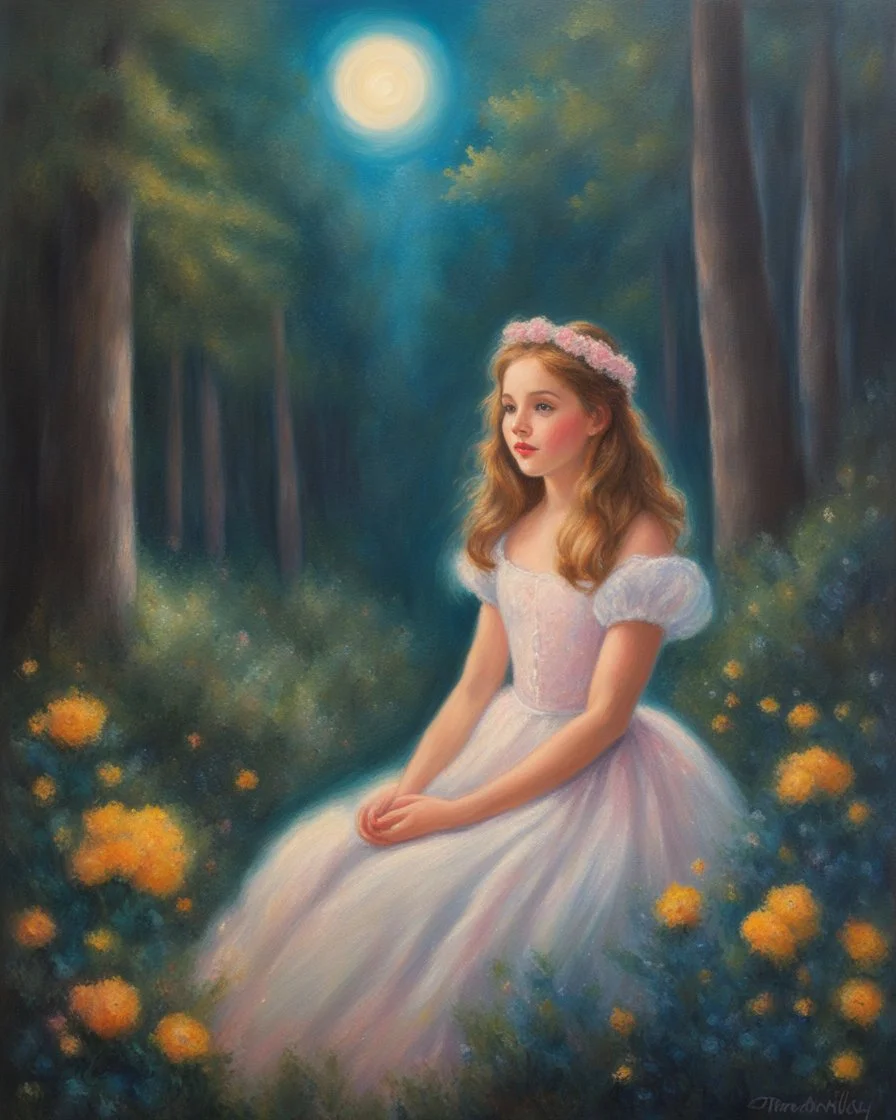 Oil pastel painting of a beautiful girl in a dreamy forest, beautiful portrait painting, Anne Shirley, dress with puffy sleeves, glow, sparkles, oil pastel painting, inspired by Thomas Kinkade, detailed oil pastel painting, beautiful flowers, dream, pretty face, fantasy art, moonlight, young girl, fairy, fine detail, dynamic, colorful oil pastel painting, vibrant painting