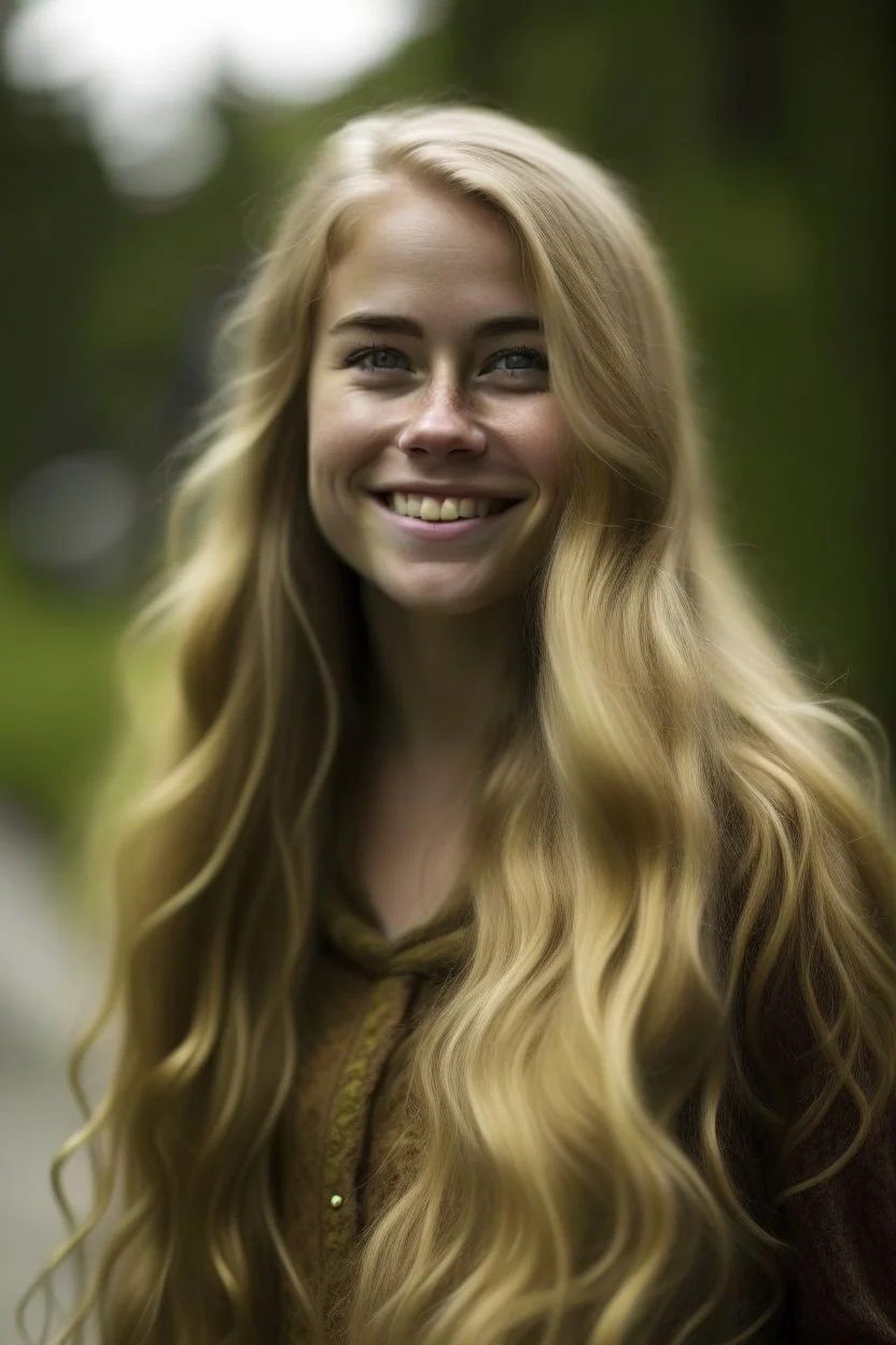 portrait of a Norwegian woman with super long blond hair, warm-hearted