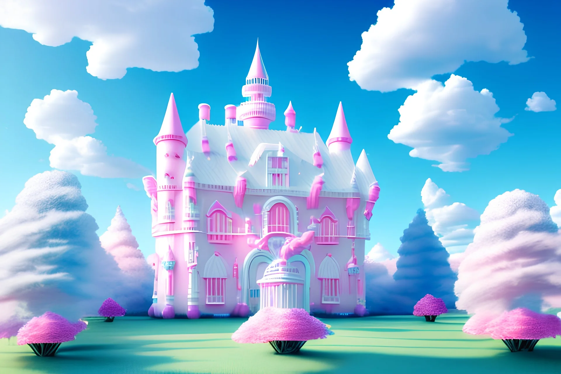 fairy big white castle with white and pink trees, , starred blue sky with silver spaceship