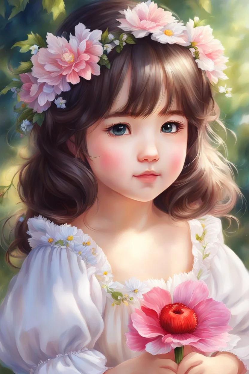 a painting of a little girl with a flower in her hair, realistic cute girl painting, kawaii realistic portrait, adorable digital painting, portrait of snow white, beautiful character painting, realistic anime art style, realistic anime artstyle, portrait anime girl, realistic anime style at pixiv, cute anime girl portrait, detailed portrait of anime girl, realistic young anime girl, anime painting