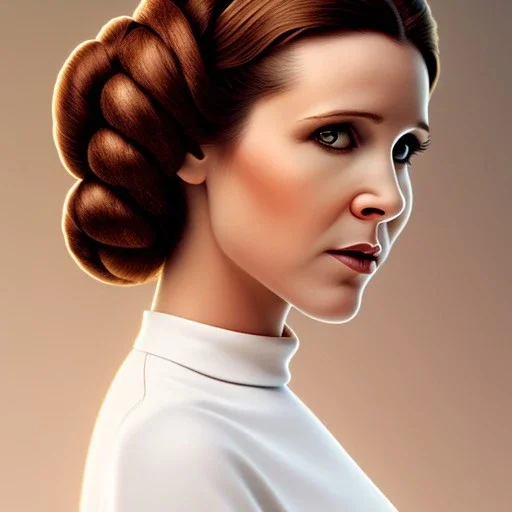 modern disney style, half-length portrait, three-quarter face pose of carrie fisher as Princess Leia with bald head, entrancing deep brown eyes, eos5d mark 4, ef 85mm 5.6, professional majestic photo realistic painting by Ed Blinkey, Atey Ghailan, by Jeremy Mann, Greg Manchess, Antonio Moro, trending on ArtStation, Intricate, High Detail, Sharp focus, dramatic, by greg rutkowski, realism, beautiful and detailed lighting,