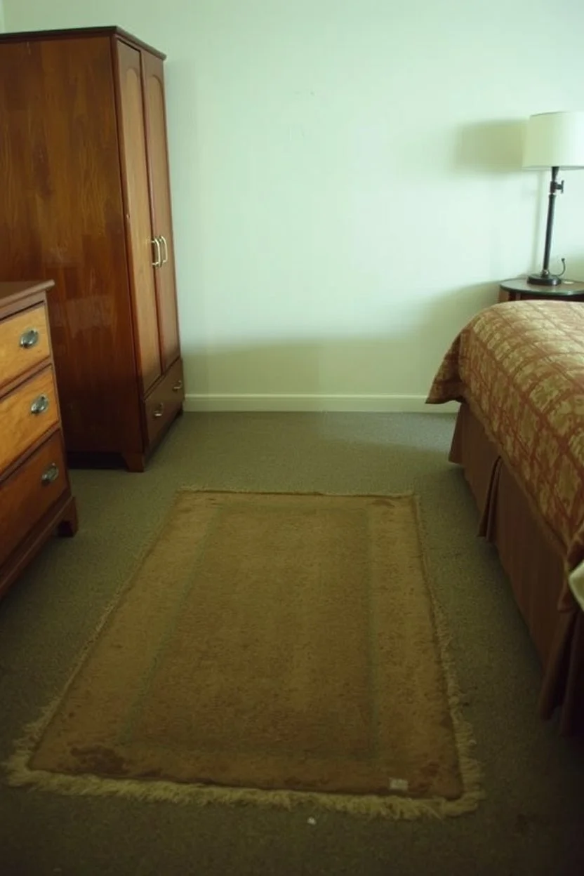 cheap motel room, worn carpet floor with a ratty dresser on the left and the foot of the bed on the right, faint rectangular impression, as if a rug that had been there for quite some time had just been removed, the imprint should have uneven fading