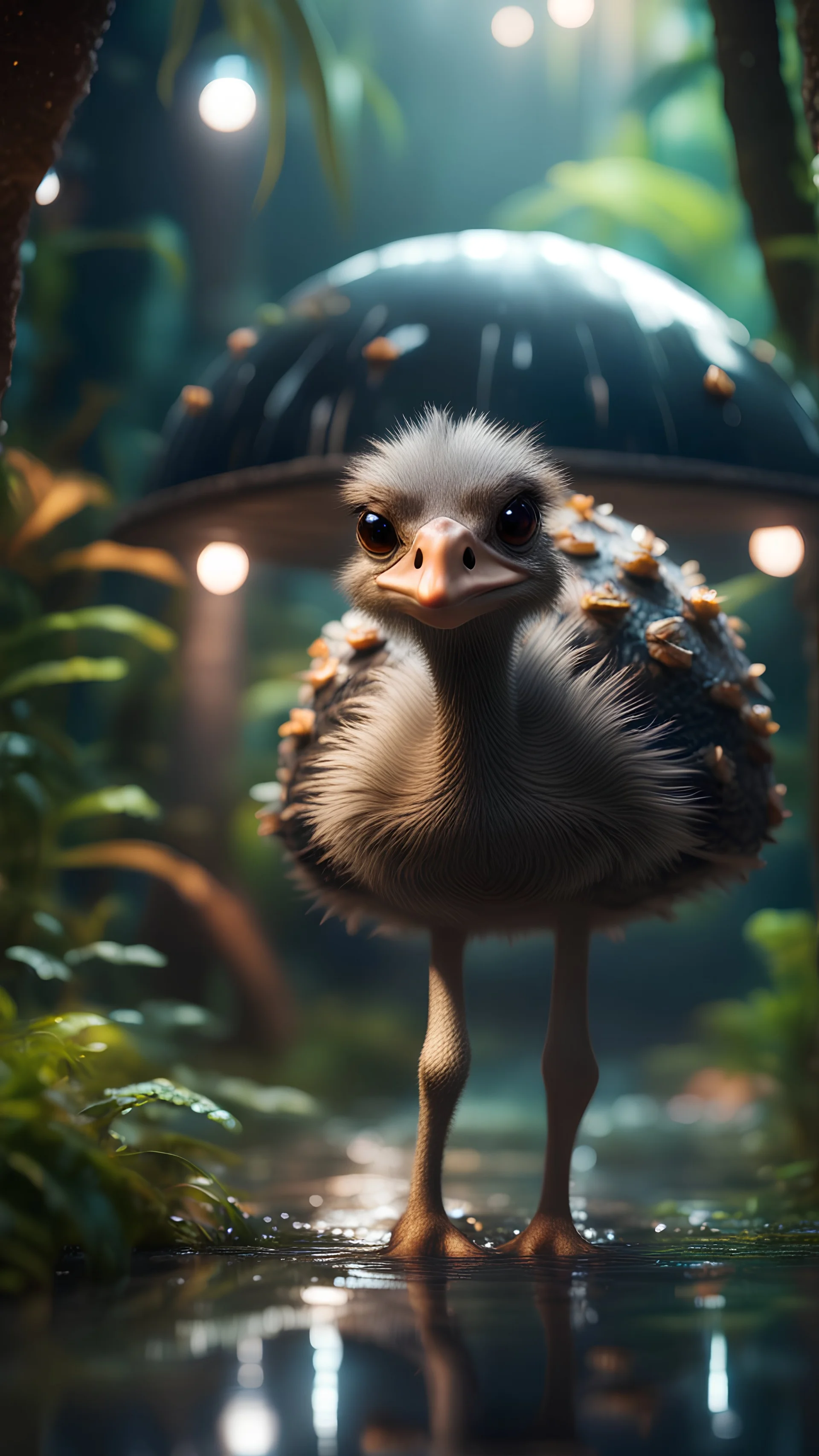 Ostrich turtle with friendly cute face and hair locks in dark lit reflective wet jungle metallic hall dome hotel tunnel, in the style of a game,bokeh like f/0.8, tilt-shift lens 8k, high detail, smooth render, down-light, unreal engine, prize winning