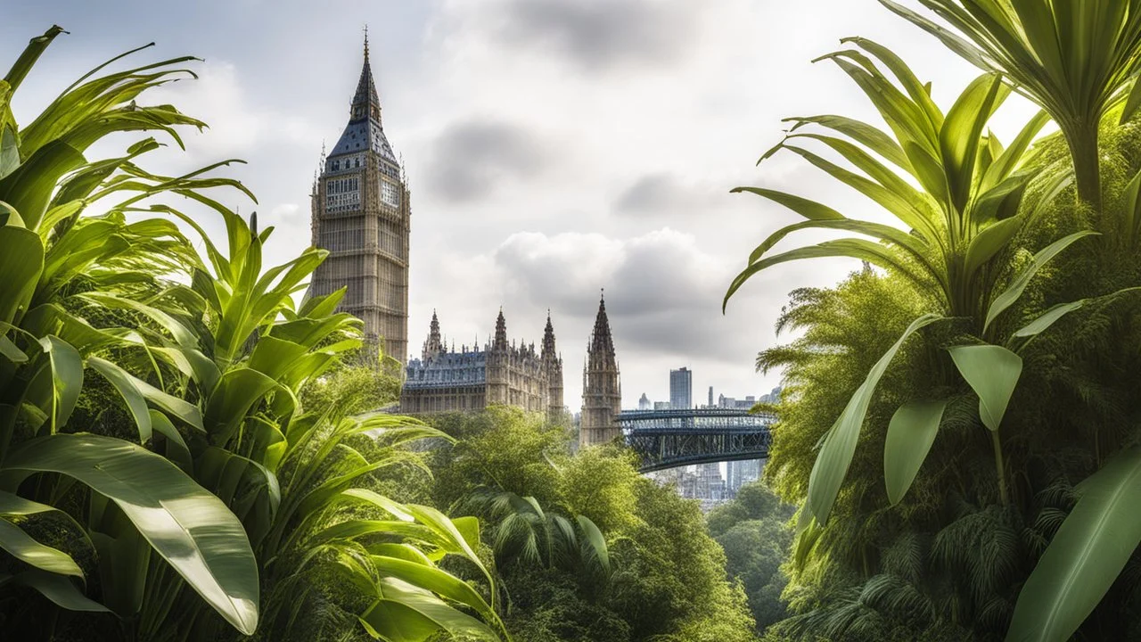 City of London, Big Ben, Tower Bridge, Shard, Gherkin, etc. overgrown with a jungle of banana trees, award winning photograph