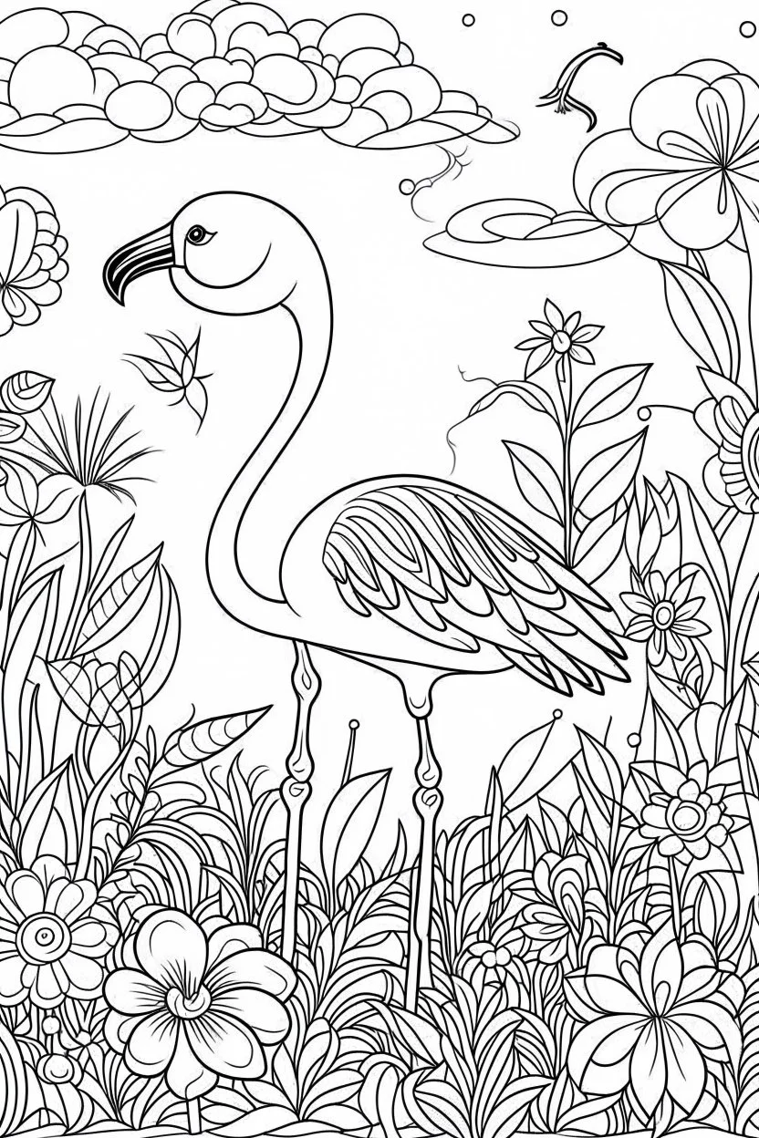 HAPPY NEW YEAR colouring page for kids,Flamingo stands tall in blooming flowers HAPPY NEW YEAR CELEBRATE, thick outline, low details, no shading, no colour