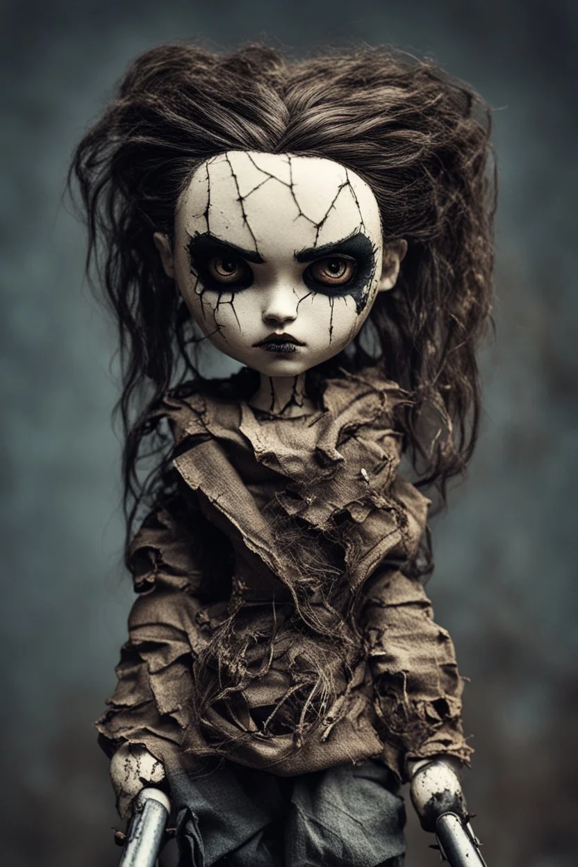 full color, illustration of a dark menacing motorcycle girl, tall and willowy , as a decayed, broken, crude homemade cloth doll toy, with a cracked porcelain face, thick dark eyebrows, hair made from ragged strips of cloth, in the style of Nadya Sheremet