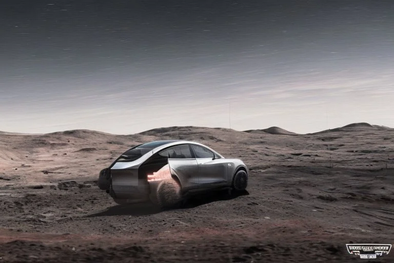 A Tesla 'Model Y' is racing at top speed, at the lunar landing site of the 'Apollo 11'. (CINEMATIC, WIDE ANGLE LENS, PHOTO REAL)