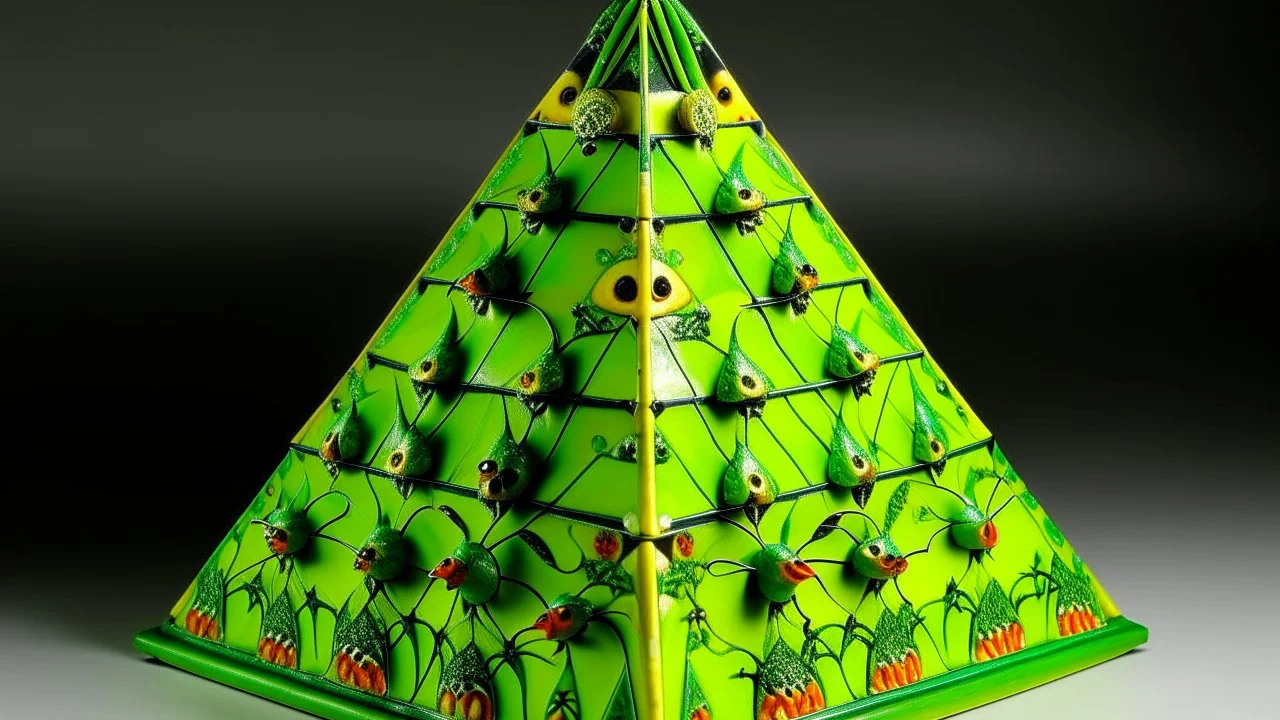 A lime green pyramid with spiders designed in Mexican folk art painted by the Limbourg brothers