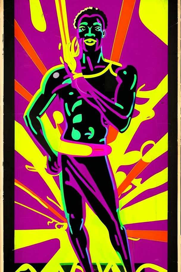 70s Black light poster design in the style of George Goode, featured “a black man rais[ing] his unshackled fist while the background bursts with fluorescent yellow flame.” neon fluorescent glow, psychedelic, bright, shimmering, fluorescent colors pop and sizzle, mystique, cosmic,