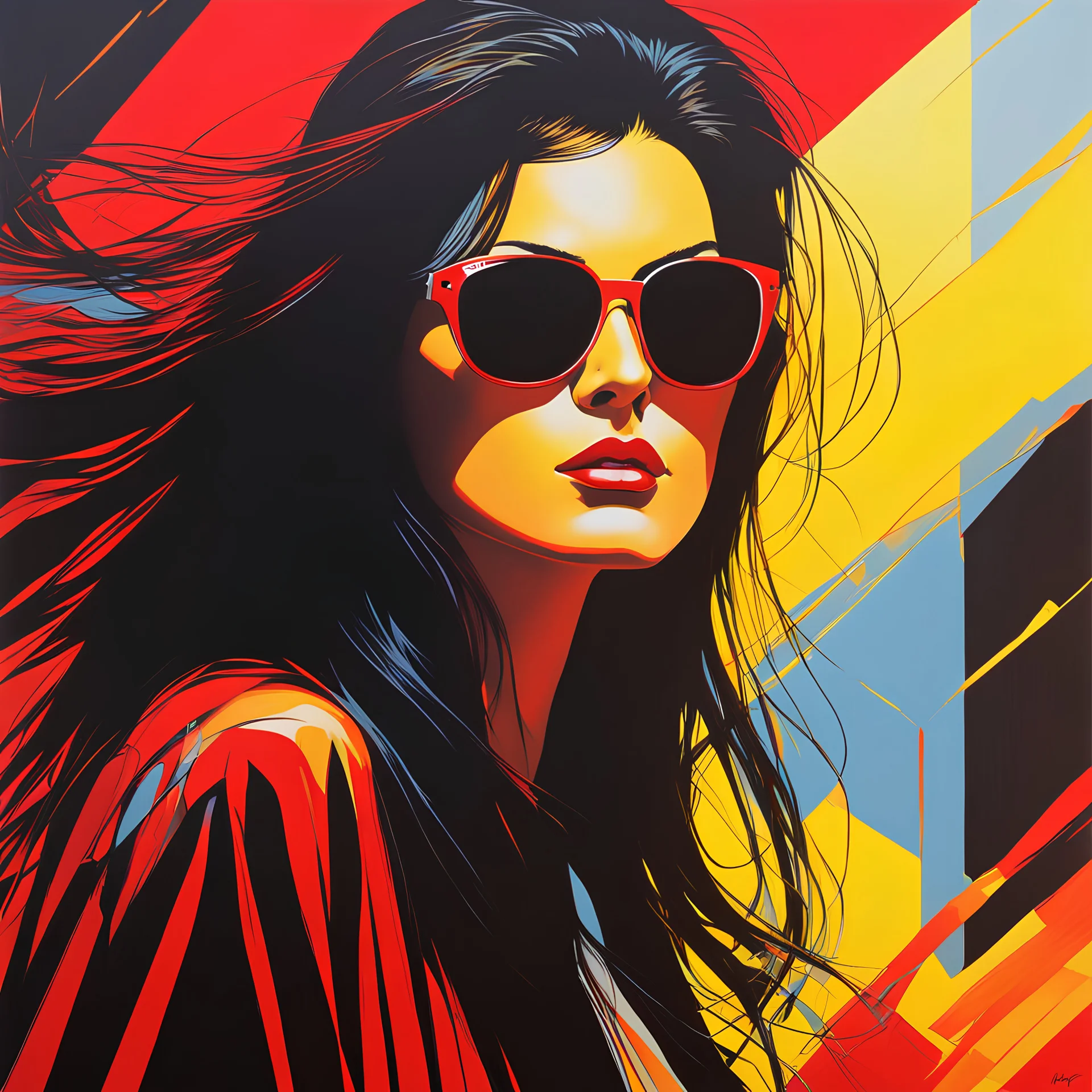 close-up ((head down ((Caroline Munro)) with sunglasses)) - long floating brown hair ((shattered in many ghostly overprinted faces)) of women and men ((surrounding shadow faces)). Misty red to yellow Dark mood, Oil neon painting Expressionit art ((80's horror poster)), Patrick Nagel, synthwave, Photo realistic.