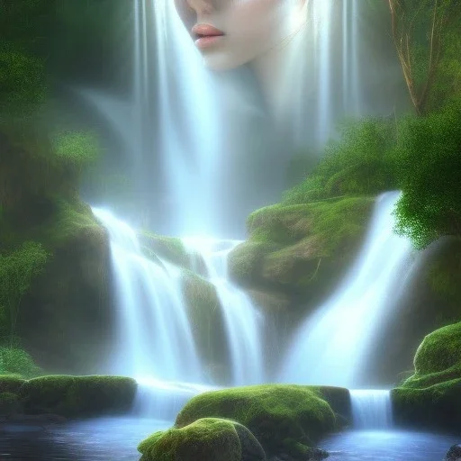 3d perfect woman, waterfall, wet , realistic