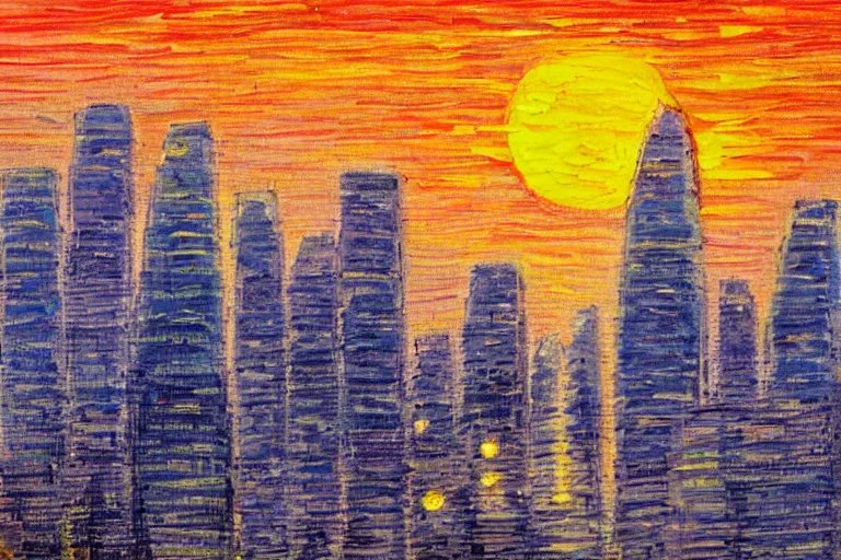 Sunset, futuristic buildings near trees, highway, people, sci-fi, tendency to impressionism, realistic painting