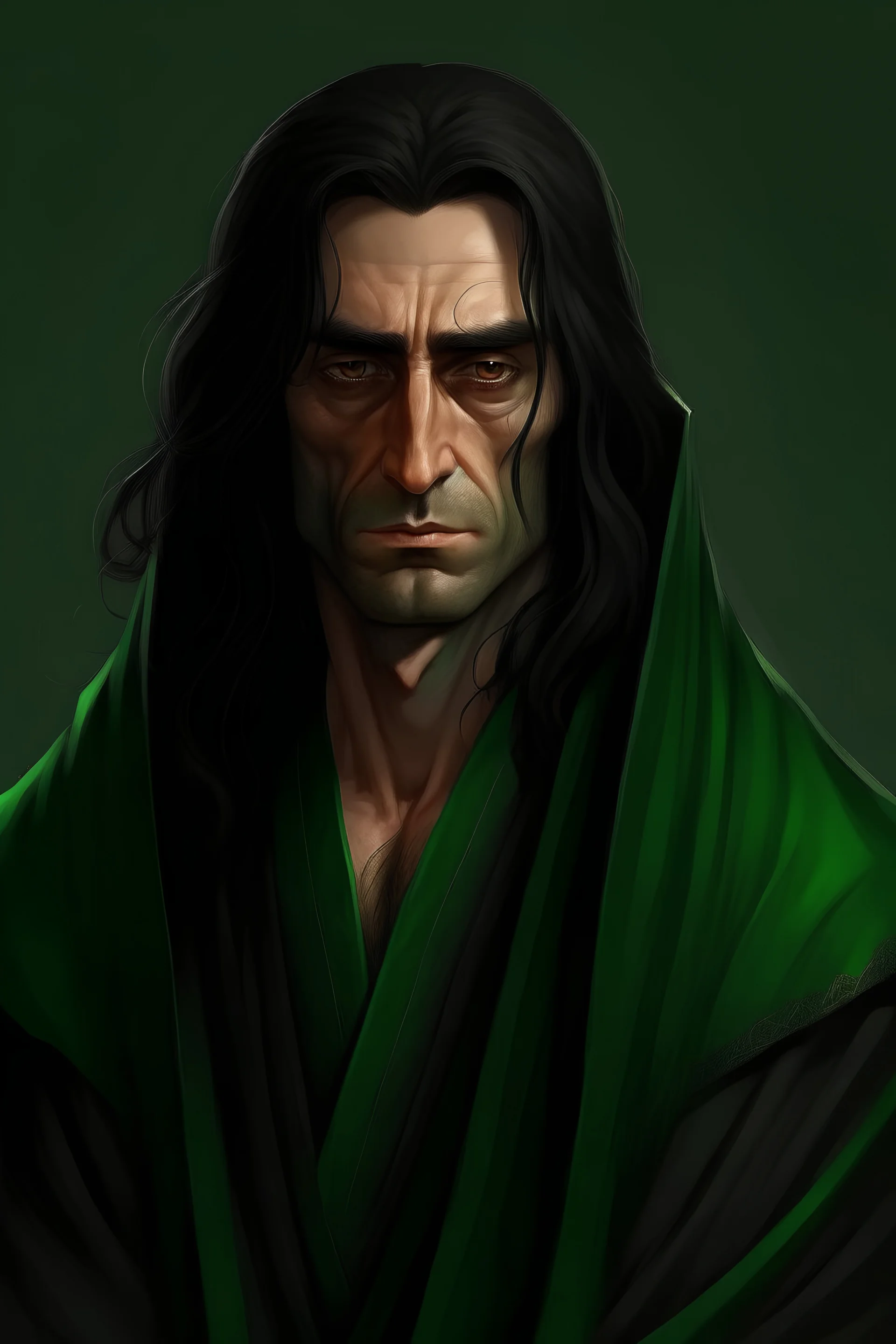 a man in his fourties, brown skin, very long black hair, in a dark green robe, long slim face, bright green eyes, tired and ill, skinny, realistic epic fantasy stlye