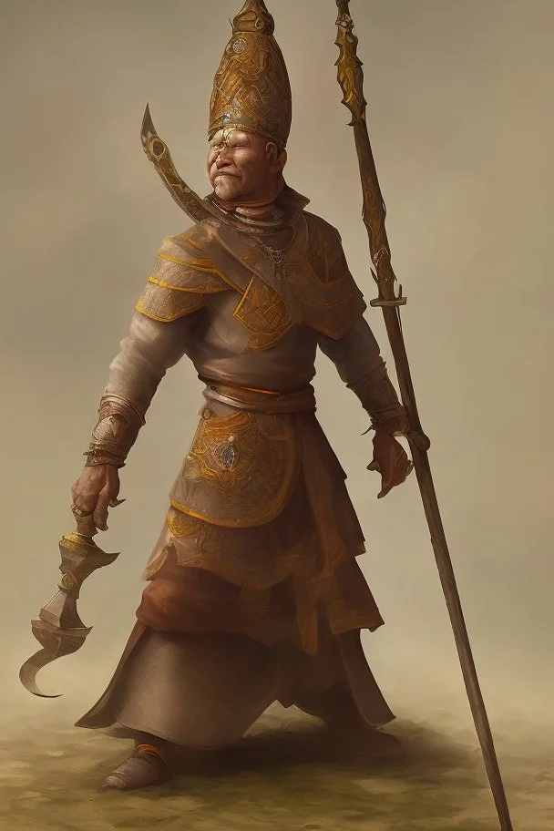 The monk spins around quickly, sweeping the spear around him in a wide circle before bringing it back to his side.