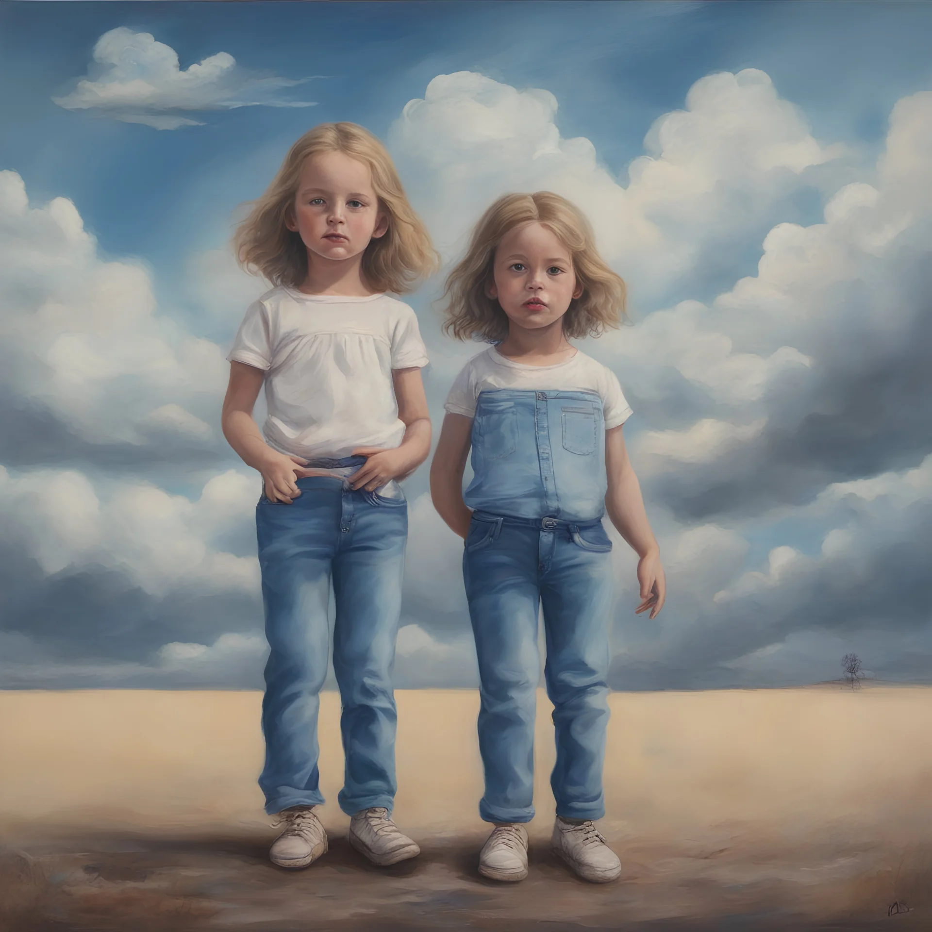 Surreal painting of 2 little girls, jeans, the sky in the background