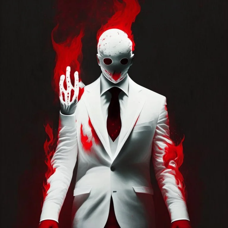 a man with fire in the palm of his hand wearing a white suit with a red tie who has no face