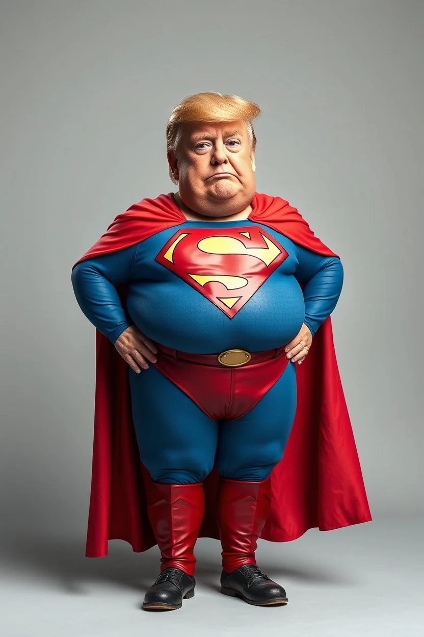 a thoroughly confused, frail, elderly and obese donald trump standing dressed as superman