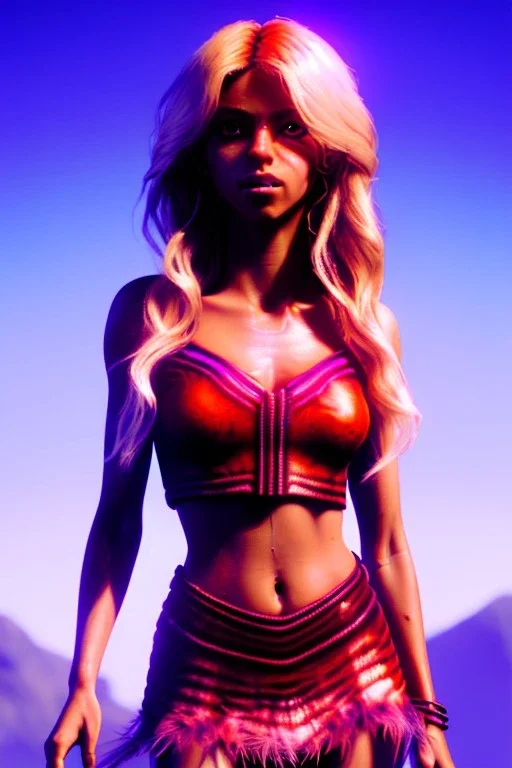 Shakira, artist, 30 years old, Realistic image, waist up portrait, etro style dress. Blonde, feathers, loose long hair, eyes make up, perfect, glow, circle iris. Neon colors, leds, geometric shapes. Dark background, photo studio, neon lights. Cyberpunk, concept art, smooth, unreal engine 5, god lights, ray tracing, RTX, lumen lighting, ultra detail, volumetric lighting, 3d, finely drawn, high definition, 4k.