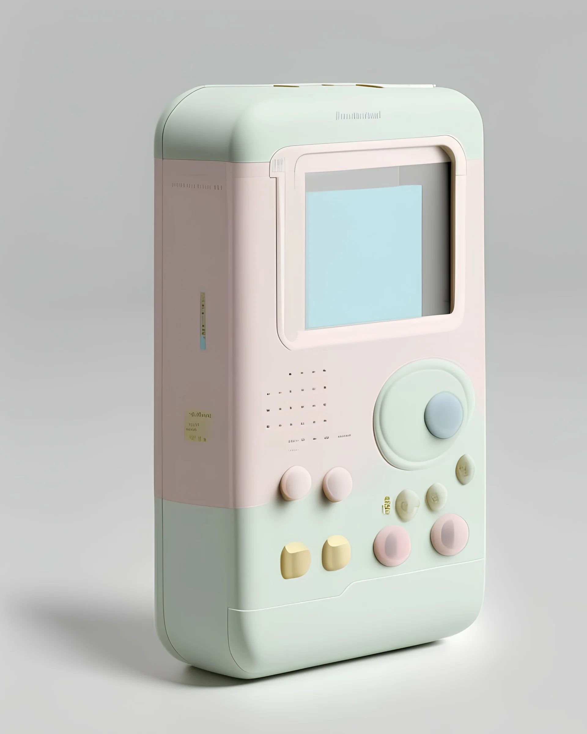 Handheld pocket TV Machine designed by Dieter Rams. Pastel colors.
