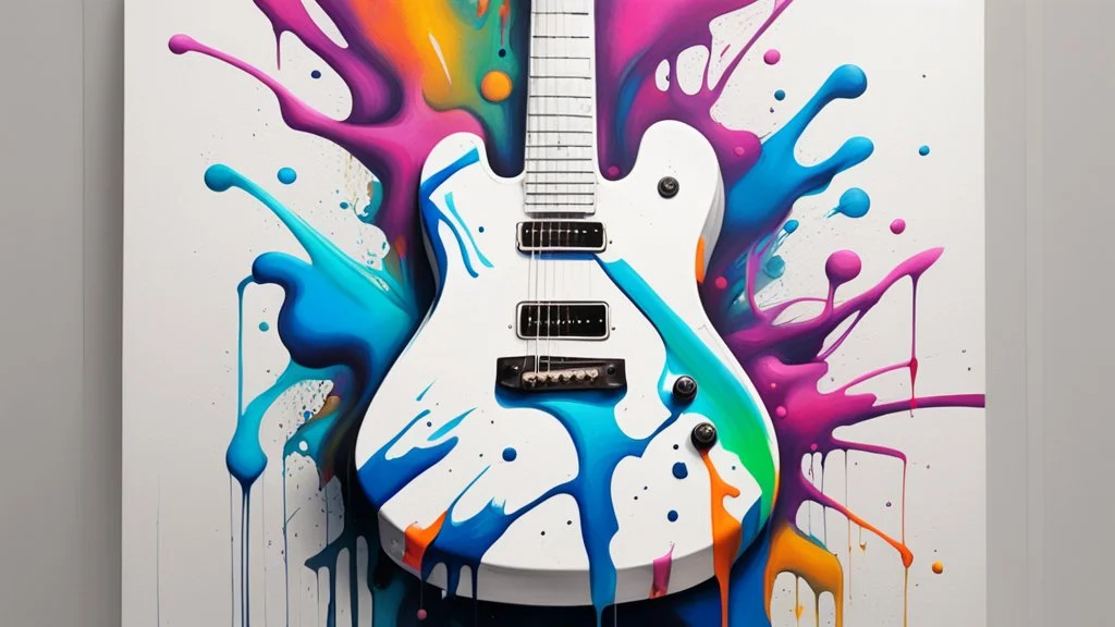 A white electric guitar , graffiti art, splash art, street art, spray paint, oil gouache melting, acrylic, high contrast, colorful polychromatic, ultra detailed, ultra quality, CGSociety, plant based skink,