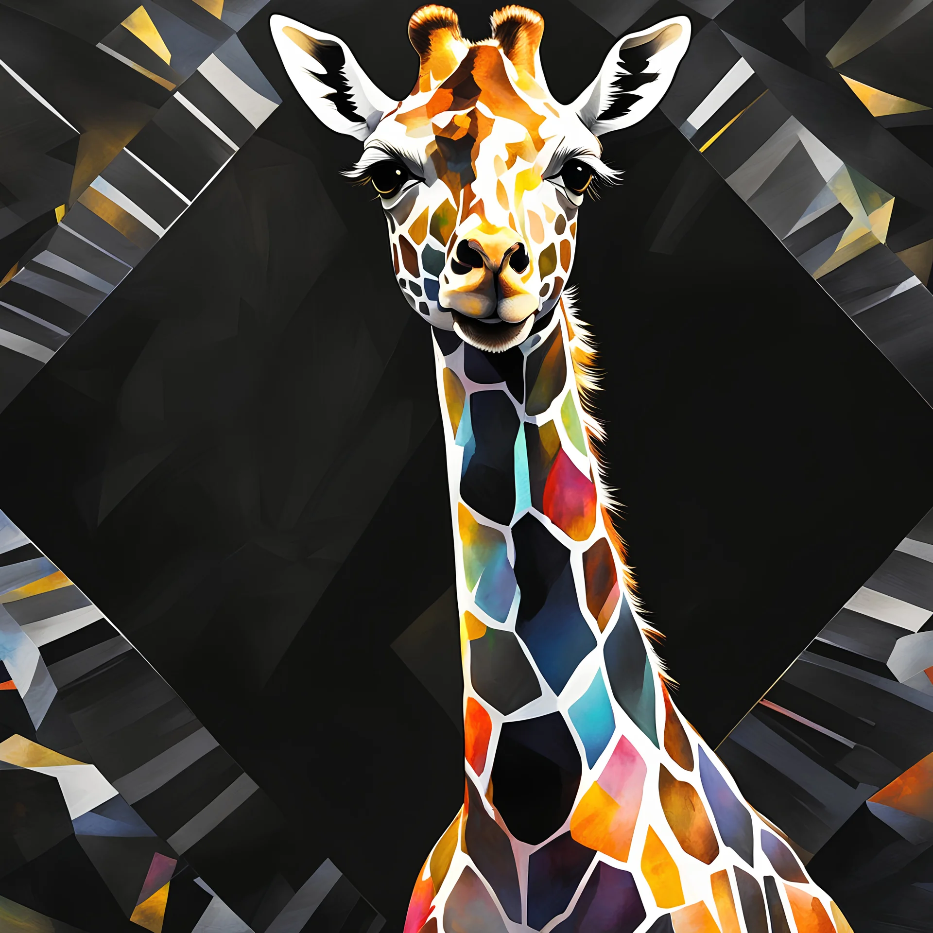 an giraffe in black superimposed on a small limited abstract geometric sunlight on a black background, professional digital painting, large ribbons painted with vibrant watercolor paint made with short wide brushstrokes