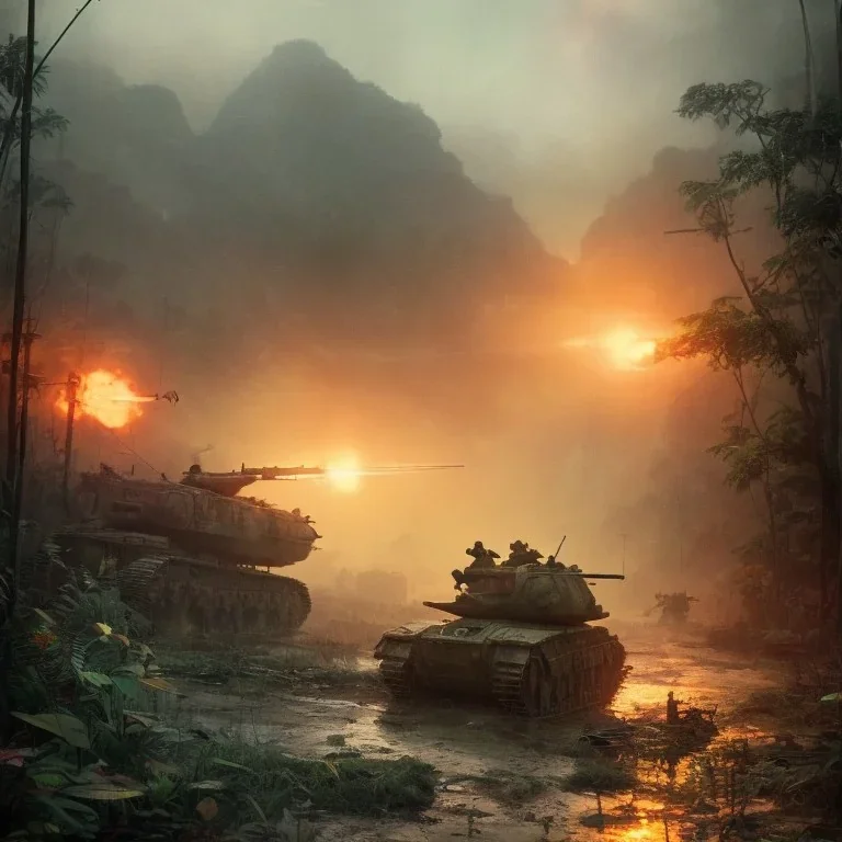 vietnam war. war report. in jungle. poster. bokeh. lens flare. warm lights. high detailed. beksinski