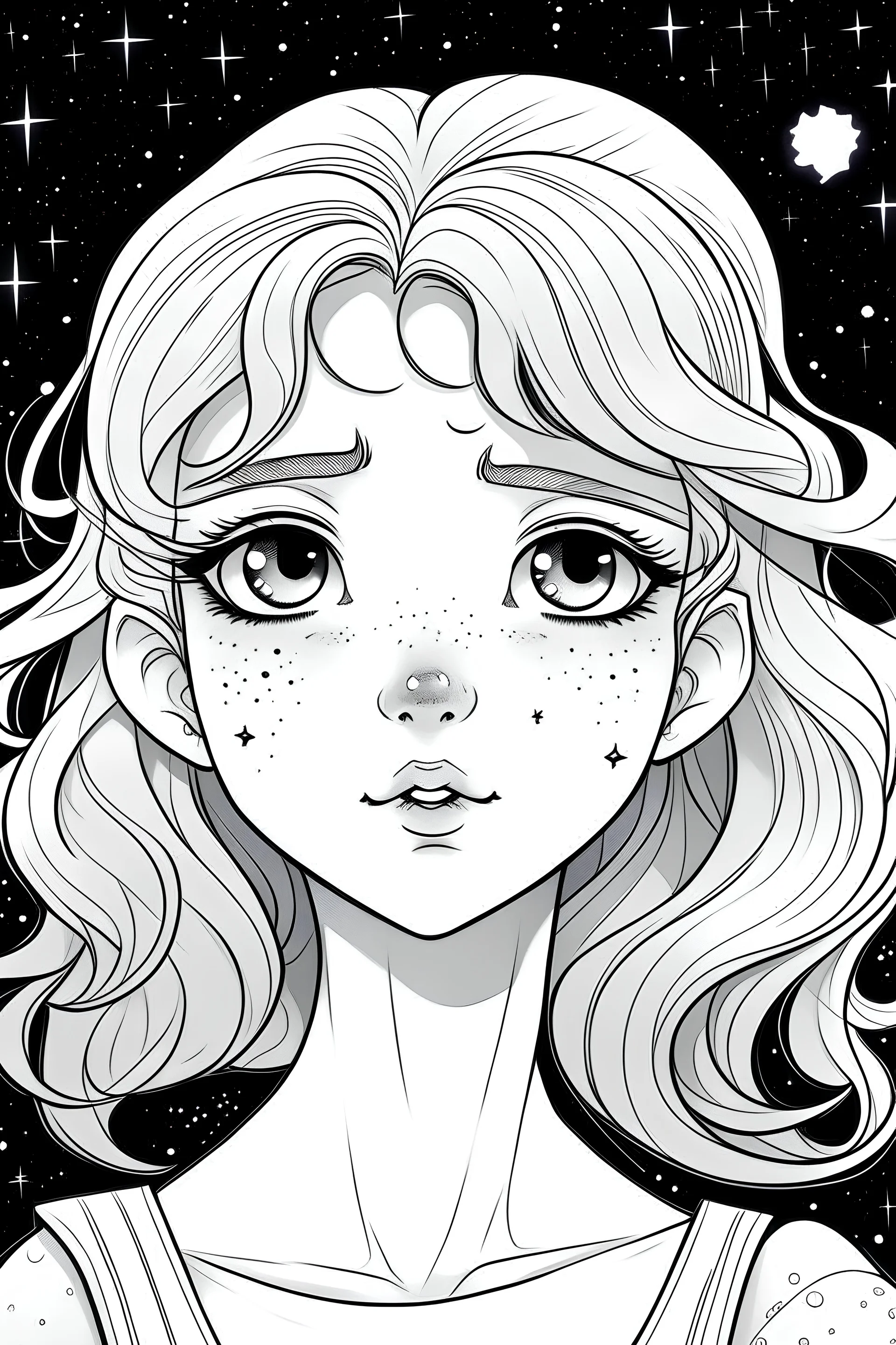 Luna: A dreamy girl with starry eyes and a crescent moon hair clip, gazing up at the night sky with wonder. The background, kawaii style cartoon coloring page for kids, cartoon style, clean line art high detailed, no background, white, black, coloring book, sketchbook, realistic sketch, free lines, on paper, character sheet, 8k