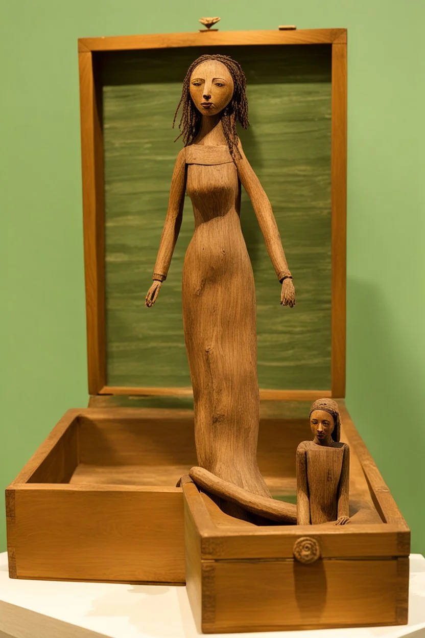 a statue of a woman made of driftwood in a wooden box by assemblage artist "Betye Saar"