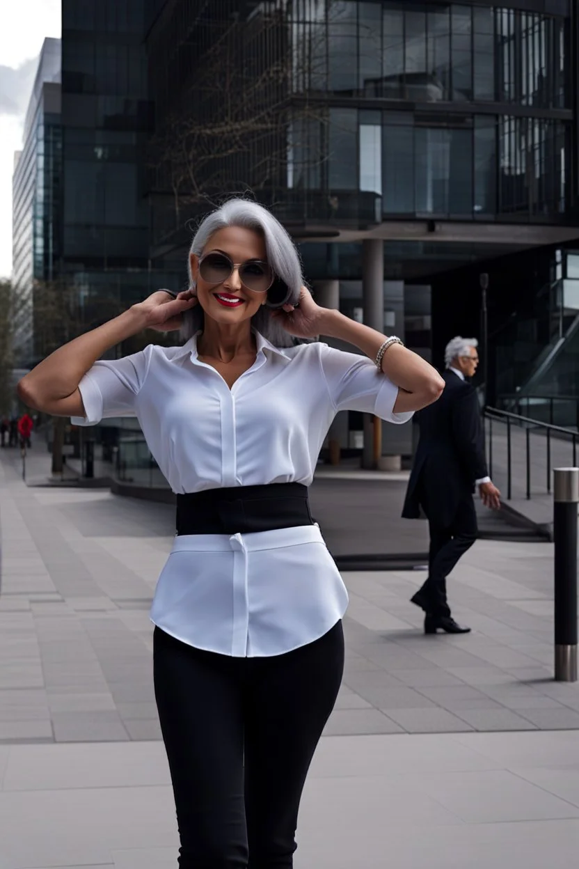 full body of very beautiful lady wearing pants and bluse ,white gray hair ,standing idle happy pose in studio