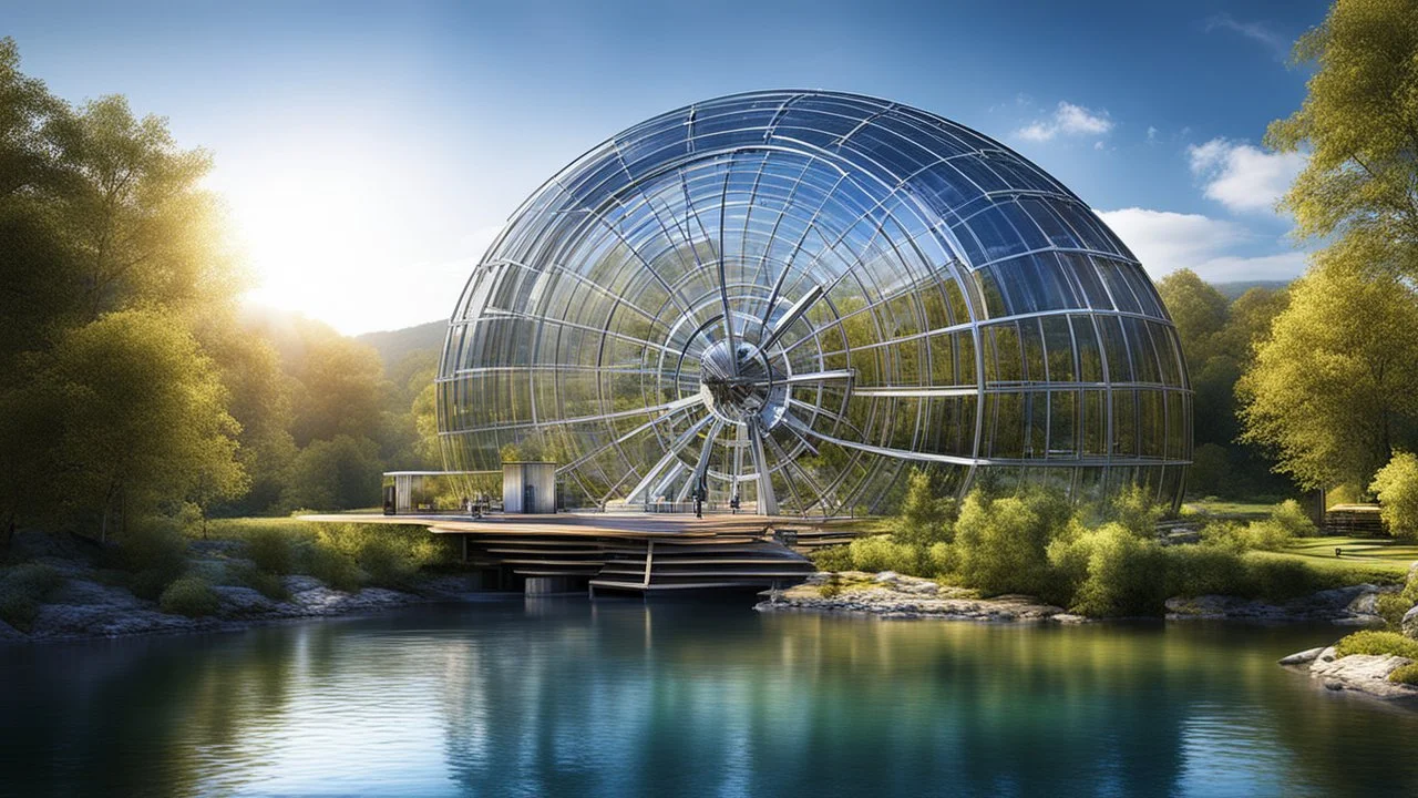 6003. Innovative environmentally-friendly home, solar panels, water wheel in river, alternative energy, scientific experiment, home of the future, fantasy, robotic, automated, spectacular, futuristic, beautiful lighting, attractive composition, photorealistic, extremely detailed, chiaroscuro