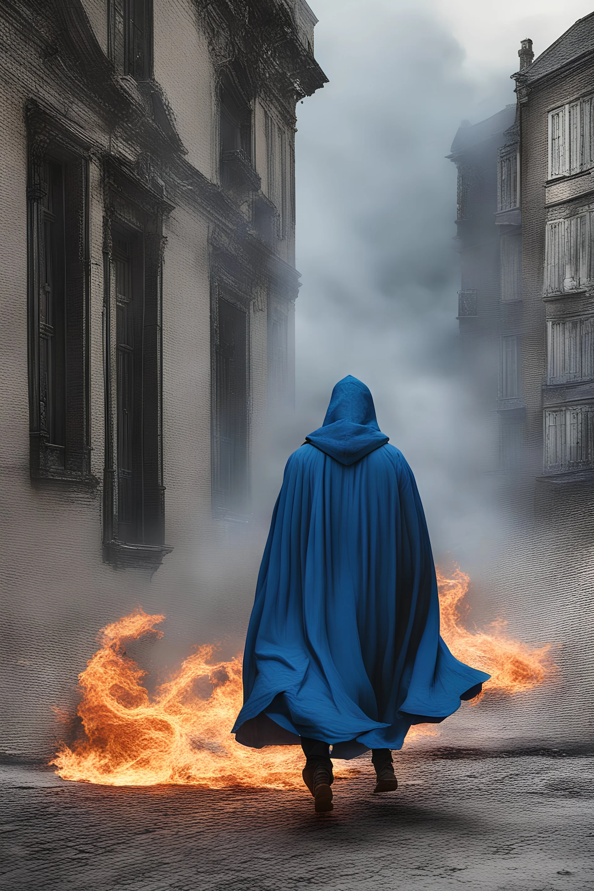 Man with a blue cloak on walking out a burning building
